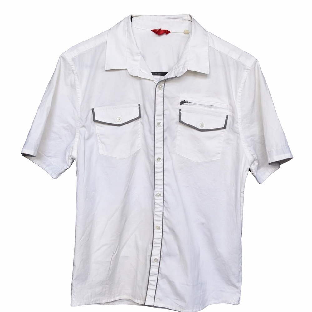 Guess White Short Sleeve Button-Down Shirt with Contrast Trim